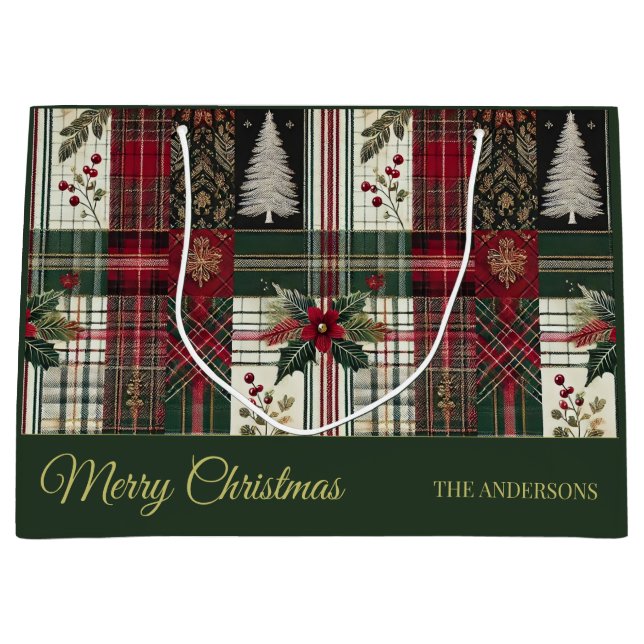 Christmas Rustic Plaid Traditional Green Pattern Large Gift Bag (Front)