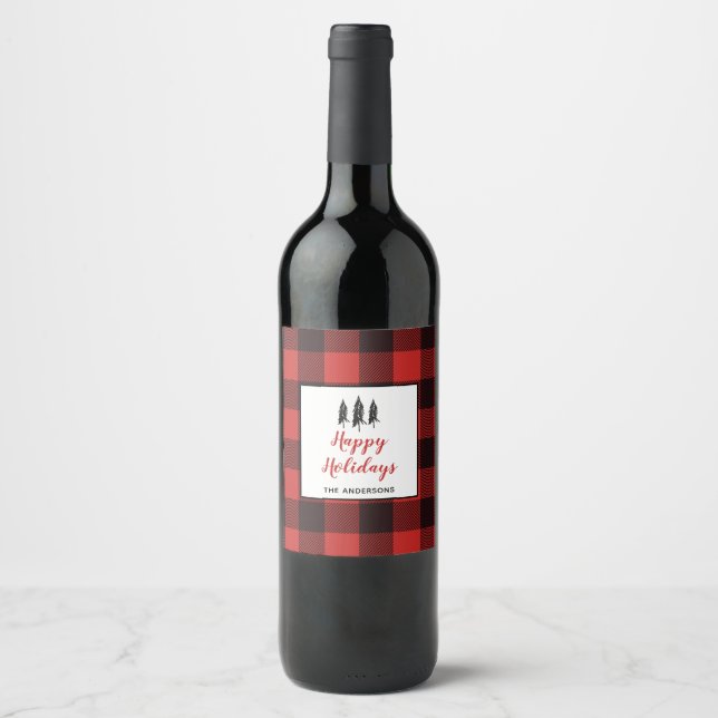 Christmas Rustic Red & Black Flannel Pattern Wine Label (Front)