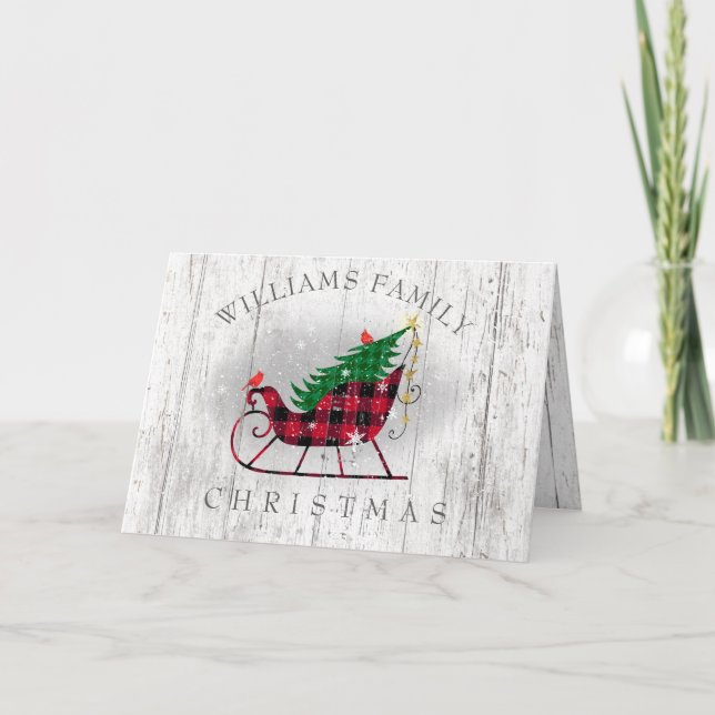 Christmas Rustic Sleigh Tree Farmhouse Family Holiday Card (Front)
