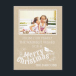 Christmas rustic typography vintage crafty photo holiday postcard<br><div class="desc">Rustic typography Merry Christmas holly berry vintage typography script style crafty holiday photo postcard featuring the text “Merry Christmas”, holly berry and a bird in white on PRINTED craft looking paper. This country, rustic elegant and stylish postcard with a modern flair is completely customisable. It is perfect for your Season’s...</div>