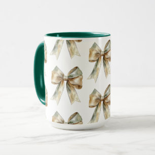 Christmas Rustic White Green Gold Bows  Mug