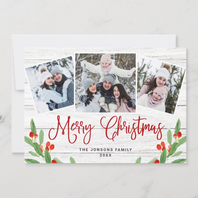 Christmas Rustic White Wood 3 PHOTO Greeting Holiday Card (Front)