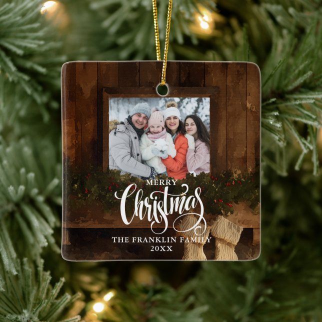 Christmas Rustic Winter Fireplace Photo Ceramic Ornament (Tree)