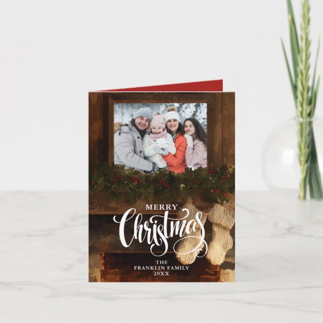 Christmas Rustic Winter Fireplace Photo Holiday Card (Front)