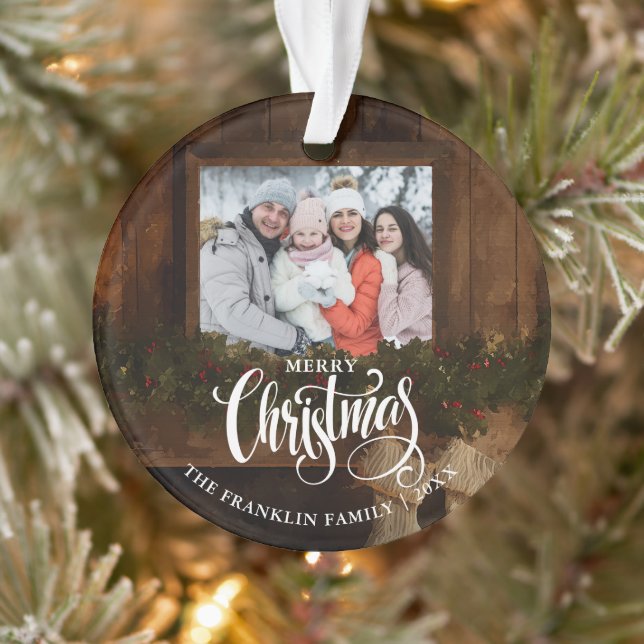 Christmas Rustic Winter Fireplace Photo Ornament (Tree)