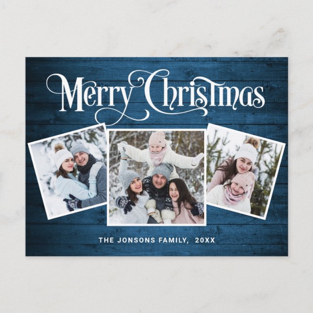 Christmas Rustic Wood 3 PHOTO Greeting Holiday Postcard (Front)