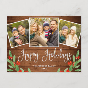 Christmas Rustic Wood 3 PHOTO Greeting Holiday Postcard