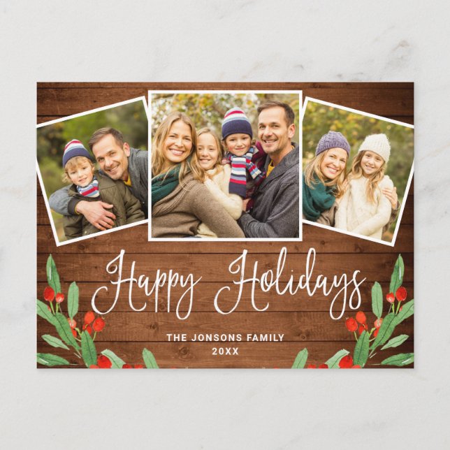 Christmas Rustic Wood 3 PHOTO Greeting Holiday Postcard (Front)