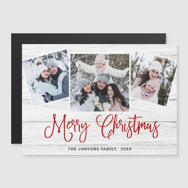 Christmas Rustic Wood 3 PHOTO Magnetic Card (Front/Back)