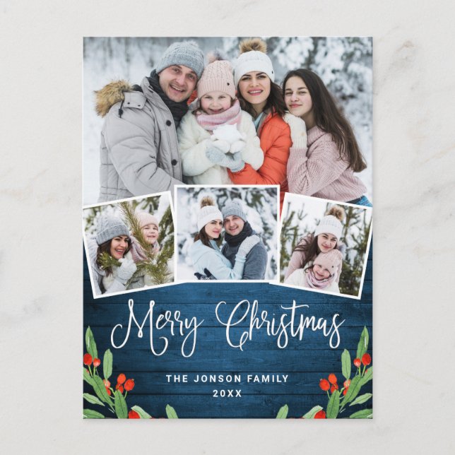 Christmas Rustic Wood 4 PHOTO Greeting Holiday Postcard (Front)