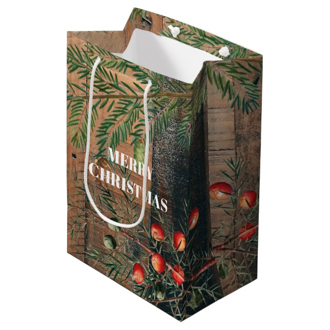 Christmas Rustic Wood Joy Merry Christmas Medium Gift Bag (Front Angled)