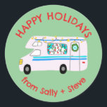 Christmas RV CUSTOM Hand Drawn Holiday Classic Round Sticker<br><div class="desc">Use these sweet whimsical stickers for your holiday mail or gifts. Hand drawn by me for you. Fully editable, add your own text or background colour. Click "personalise" to edit the text, and you can also change the font or colour. THANK YOU FOR SUPPORTING INDEPENDENT ARTISTS! All artwork and designs...</div>