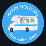 Christmas RV CUSTOM Hand Drawn Holiday Classic Round Sticker<br><div class="desc">Use these sweet whimsical stickers for your holiday mail or gifts. Hand drawn by me for you. Fully editable, add your own text or background colour. Click "personalise" to edit the text, and you can also change the font or colour. THANK YOU FOR SUPPORTING INDEPENDENT ARTISTS! All artwork and designs...</div>