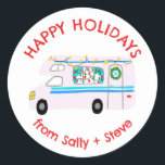 Christmas RV CUSTOM Hand Drawn Holiday Classic Round Sticker<br><div class="desc">Use these sweet whimsical stickers for your holiday mail or gifts. Hand drawn by me for you. Fully editable, add your own text or background colour. Click "personalise" to edit the text, and you can also change the font or colour. THANK YOU FOR SUPPORTING INDEPENDENT ARTISTS! All artwork and designs...</div>