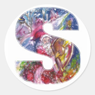 CHRISTMAS S LETTER  / SANTA  PLAYING HARP CLASSIC ROUND STICKER