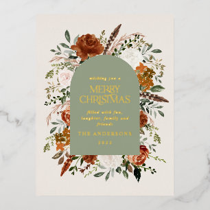 Christmas sage green botanical elegant stag floral foil holiday postcard