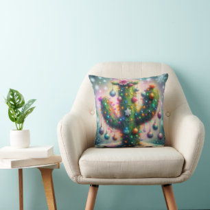 Christmas Saguaro Cactus Whimsical Snowflakes  Cushion