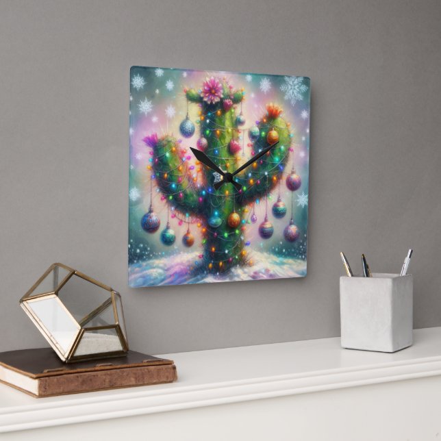 Christmas Saguaro Cactus Whimsical Snowflakes  Square Wall Clock (Office)