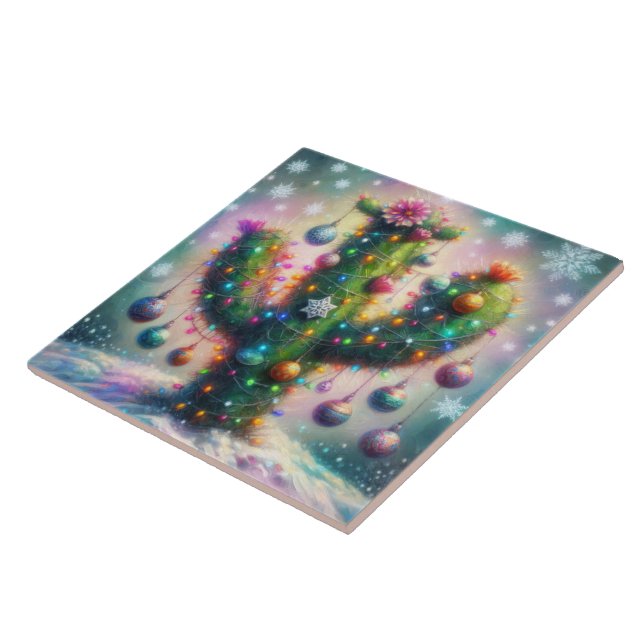 Christmas Saguaro Cactus Whimsical Snowflakes  Tile (Side)