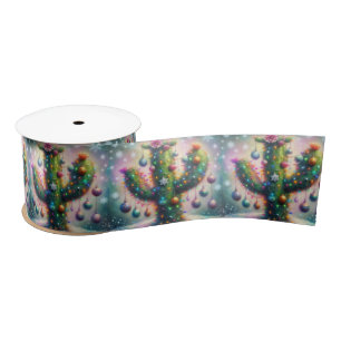 Christmas Saguaro Tree Cactus Whimsical Teal Pink Satin Ribbon