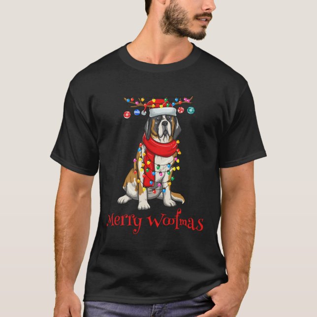 Christmas Saint Bernard Dog Holiday Lights Merry W T-Shirt (Front)