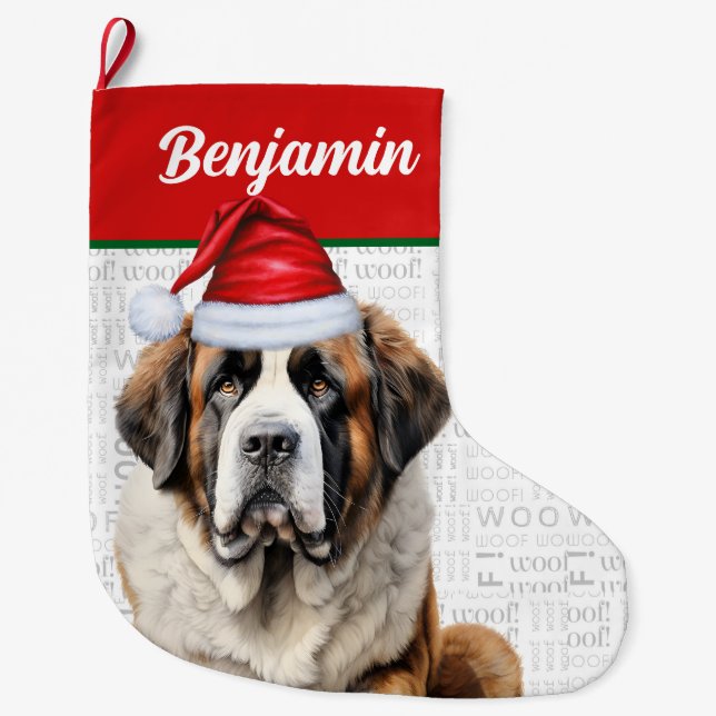 Christmas Saint Bernard Dog with Name Woof Large Christmas Stocking (Front)