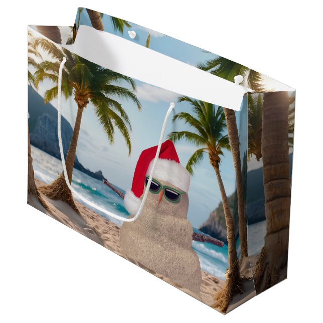 Christmas Sand Man On a Beach Large Gift Bag (Front Angled)