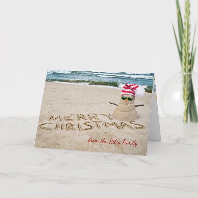 Christmas sandy snowman on beach holiday card (Front)