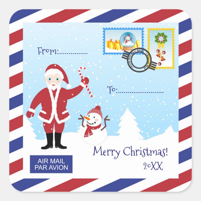 Christmas Santa Air mail envelope Square Sticker (Front)