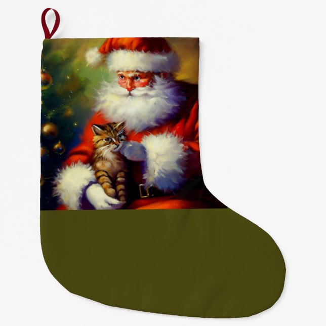 Christmas Santa and a Cat 1 Large Christmas Stocking (Front)