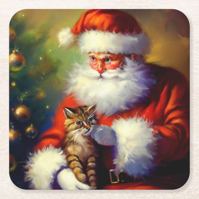 Christmas Santa and a Cat 1 Square Paper Coaster (Front)