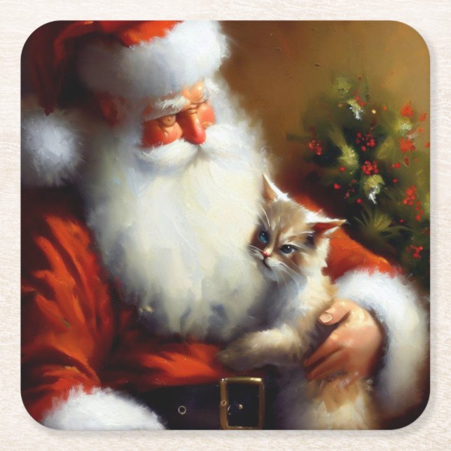Christmas Santa and a Cat 3 Square Paper Coaster (Front)
