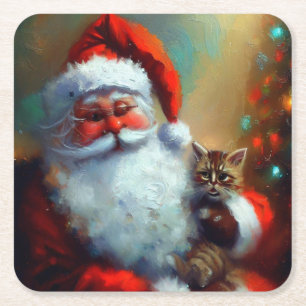 Christmas Santa and a Cat 4 Square Paper Coaster