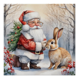Christmas Santa and Bunny Nature Illustration  Poster