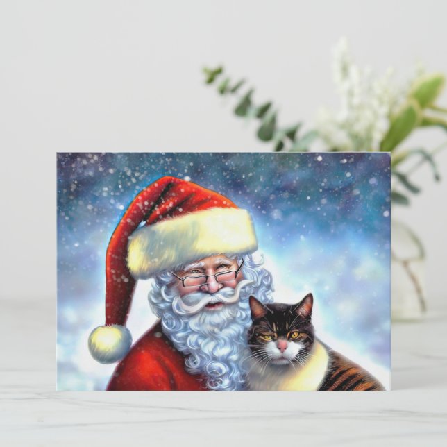 Christmas Santa and Cat Flat Note Card (Standing Front)