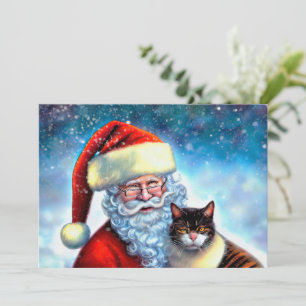 Christmas Santa and Cat Flat Note Card