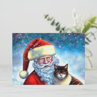 Christmas Santa and Cat Flat Note Card