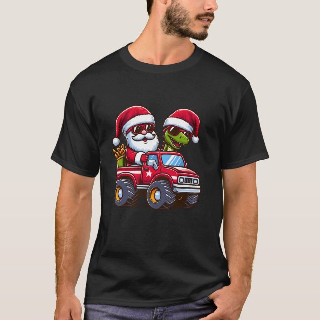 Christmas Santa and Dinosaur Riding Monster Truck  T-Shirt (Front)