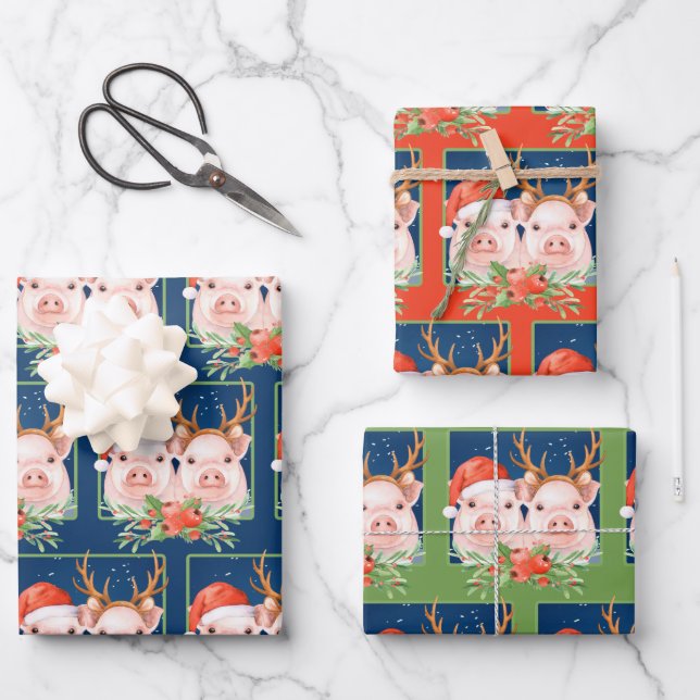 Christmas Santa And Reindeer Pigs Wrapping Paper Sheet (Front)