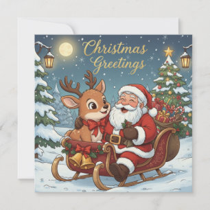 Christmas Santa and Reindeer Sleigh  Holiday Card