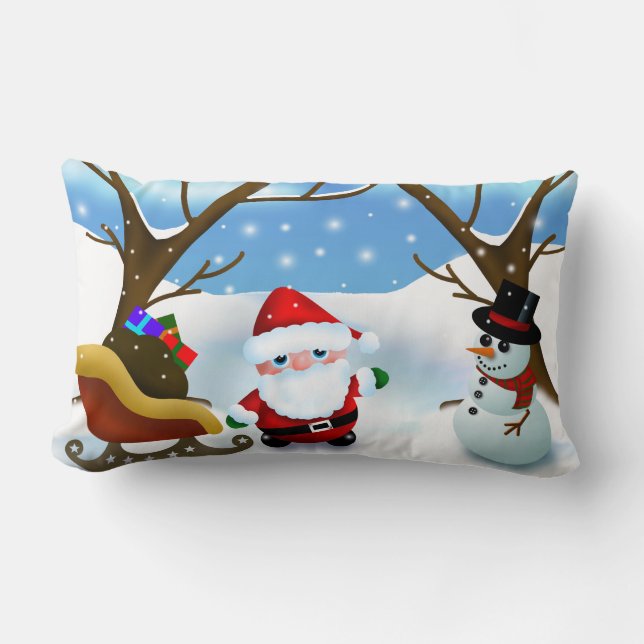 Christmas Santa and Snowman Lumbar Cushion (Front)