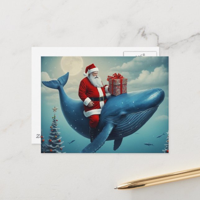 Christmas Santa and Whale Surreal Postcard (Front/Back In Situ)
