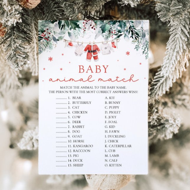 Christmas Santa Baby Animal Match Baby Shower Game Invitation (Watercolor Cute Christmas Santa Baby Animal Match Baby Shower Game)