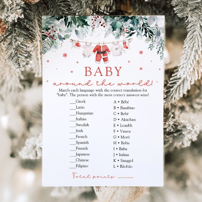 Christmas Santa Baby Around The World Baby Shower Invitation (Watercolor Red Christmas Santa Baby Around The World Baby Shower Game)