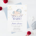 Christmas Santa Baby Boy Shower Invitation<br><div class="desc">The "Santa Baby" shower invitation card has a sweet,  festive design,  featuring a baby in a blue Santa hat with soft clouds and stars. It uses playful red script and pastel tones,  creating a cosy holiday feel,  perfect for a winter baby shower.</div>