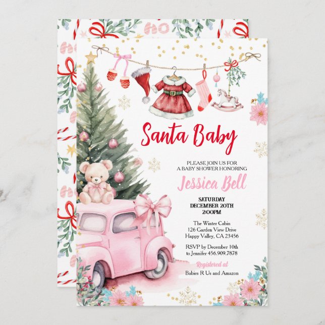 Christmas Santa Baby Shower Girl Red Pink Cute Invitation (Front/Back)