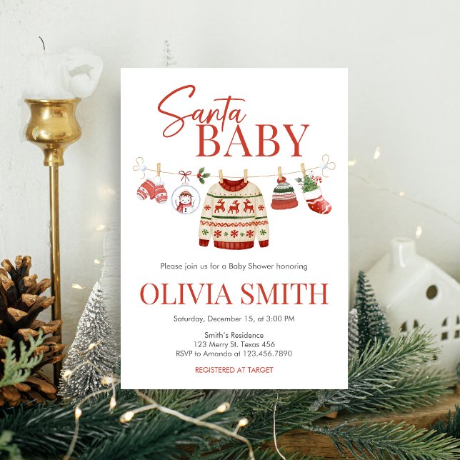 Christmas Santa Baby Shower Invitation (Christmas Santa Baby Clothesline Baby Shower Invitation)
