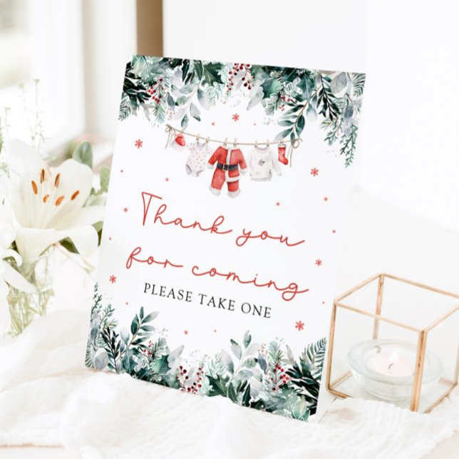 Christmas Santa Baby Shower Thank You For Coming  Pedestal Sign (Watercolor Christmas Santa Baby Shower Thank You For Coming Pedestal Sign)