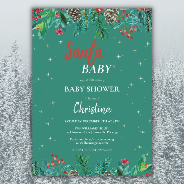 Christmas Santa Baby Shower Watercolor Green Invitation (Creator Uploaded)