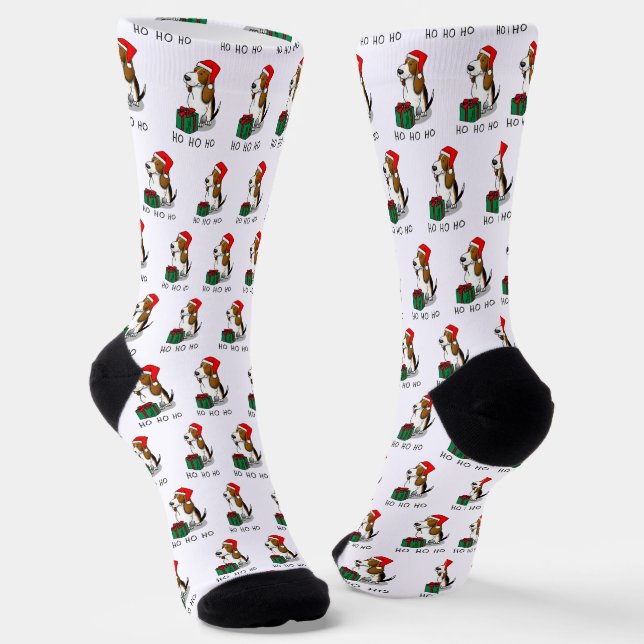 Christmas Santa Basset Hound (tri colour 1) Cute Socks (Angled)
